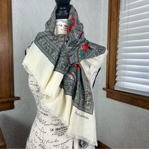 VTG Franco Laurenti Red Rose Design Ivory Italian Scarf Large Square 44”x44”